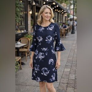 Kate Spade Navy Night Rose Floral Crepe Sheath Dress Flutter Sleeve Size 8